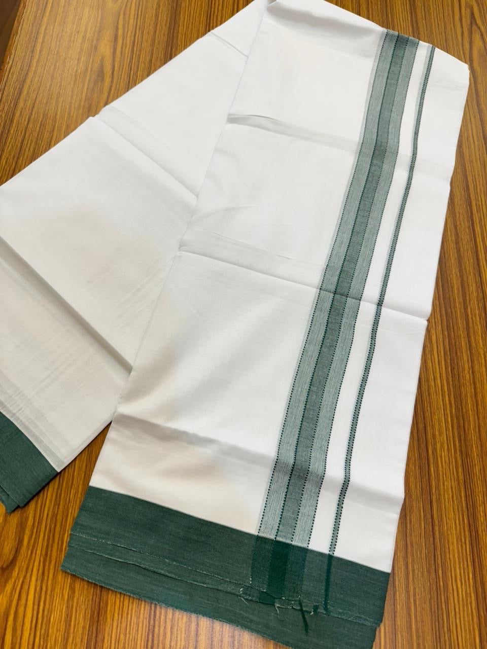 20% Discount ! KaithariKada Balaramapuram 100% Cotton Double Pure white Mundu/Dhoti- 100x80 - 1.5 inch Green shaded striped Kara - 3.90mtr ( 8 muzham) - 27 KK5251 PMC