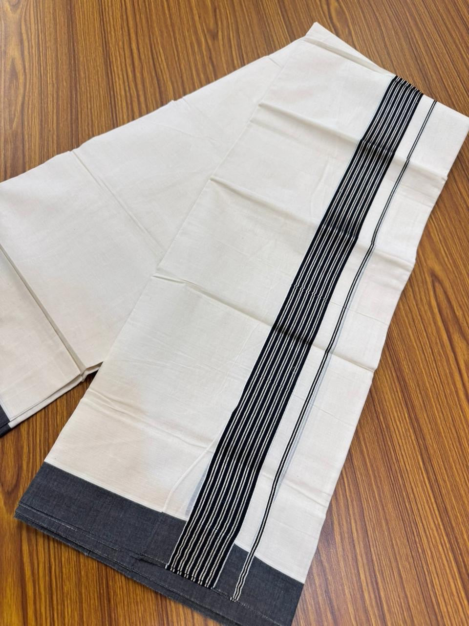 20% Discount! KaithariKada Balaramapuram 100% Cotton Off white Double Mundu/Dhoti - (100x80)S - 1.75 inch Black & Silver Kasav Striped Kara - 4mtr (8.5muzham) - 84 KK5255 VAS