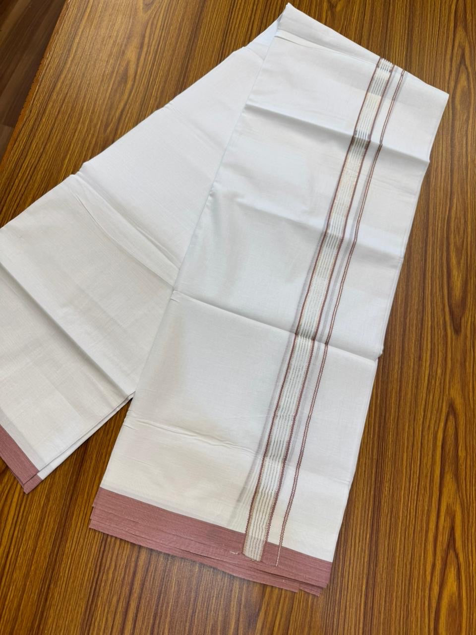 20% Discount ! Kaitharikada Balaramapuram 100% Cotton Pure White Double Mundu/Dothi - 100x80 - 0.75 inch Silver Kasav & Dusty Rose Striped Kara 4 mtr (8.5 muzham) - 59 KK5255 VAS