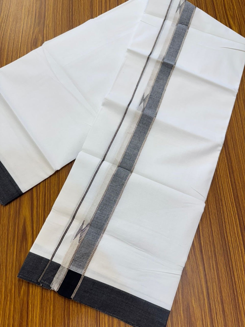 20% Discount ! Kaitharikada Balaramapuram 100% Cotton Pure White Double Mundu/Dothi - 100x80 - 1.5 inch Black & Silver Kasav Design Kara 4 mtr (8.5 muzham) - 69 KK5255 VAS