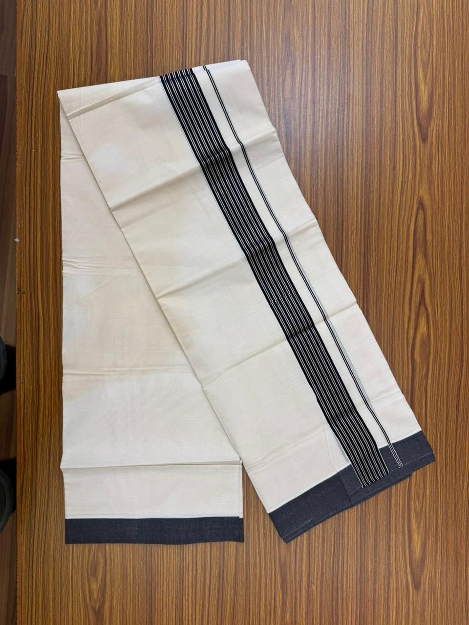 20% Discount! KaithariKada Balaramapuram 100% Cotton Off white Double Mundu/Dhoti - (100x80)S - 1.75 inch Black & Silver Kasav Striped Kara - 4mtr (8.5muzham) - 84 KK5255 VAS