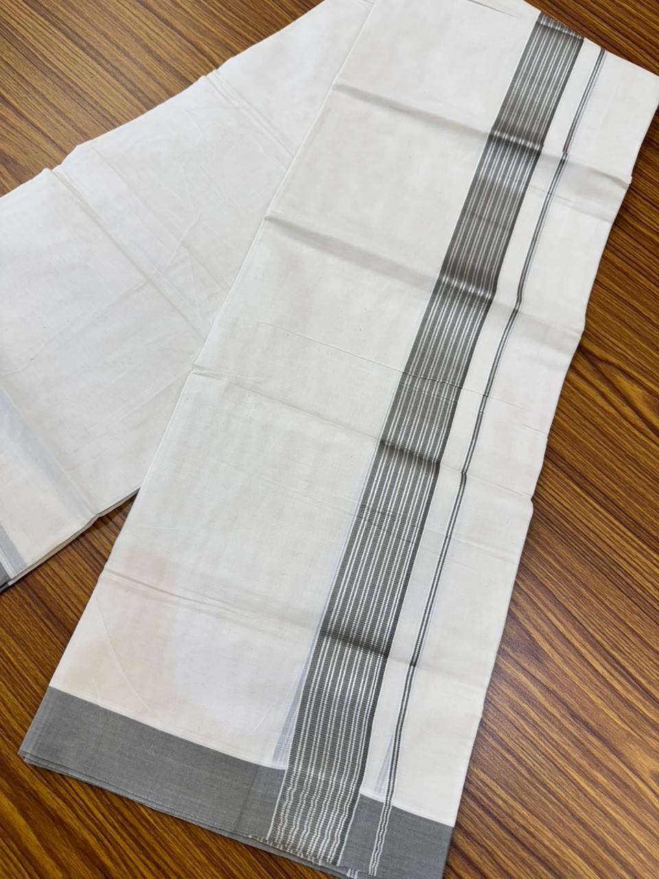 20% Discount! KaithariKada Balaramapuram 100% Cotton Off white Double Mundu/Dhoti - (100x80)S - 1.5 inch Ash Grey & Silver Kasav Striped Kara - 4mtr (8.5muzham) - 78 KK5255 VAS