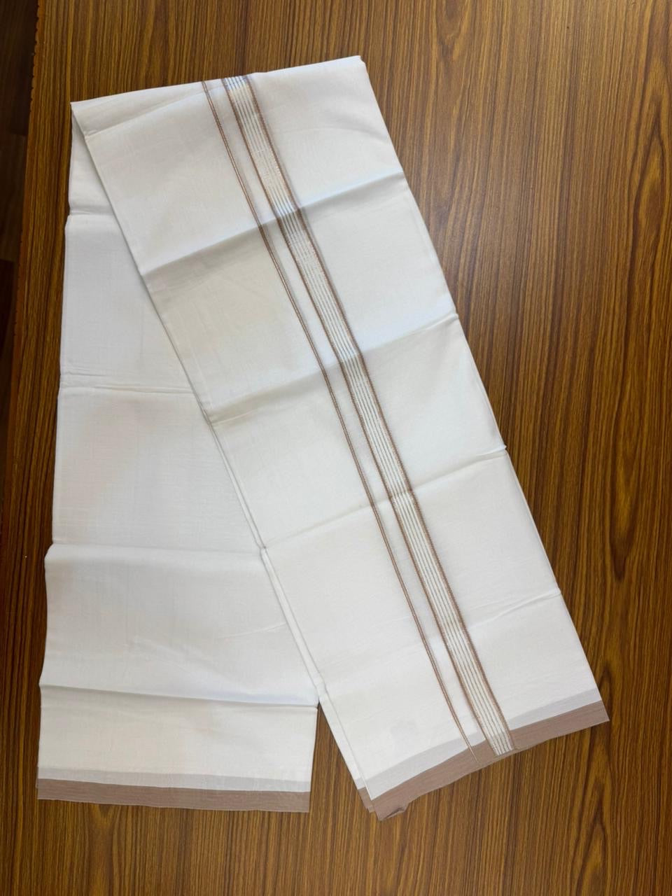 20% Discount ! Kaitharikada Balaramapuram 100% Cotton Pure White Double Mundu/Dothi - 100x80 - 0.75 inch Silver Kasav & Dusty Peach Striped Kara 4 mtr (8.5 muzham) - 60 KK5255 VAS