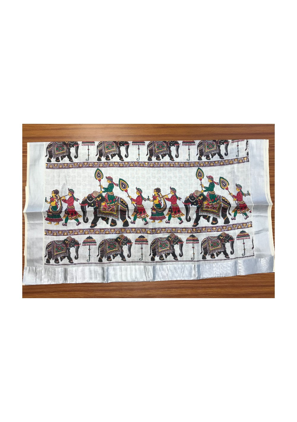 Kaitharikada Kerala Saree - Cotton silver kasavu Saree with Elephant print -4.45 Pallu - silver Kara Kasavu .-1.