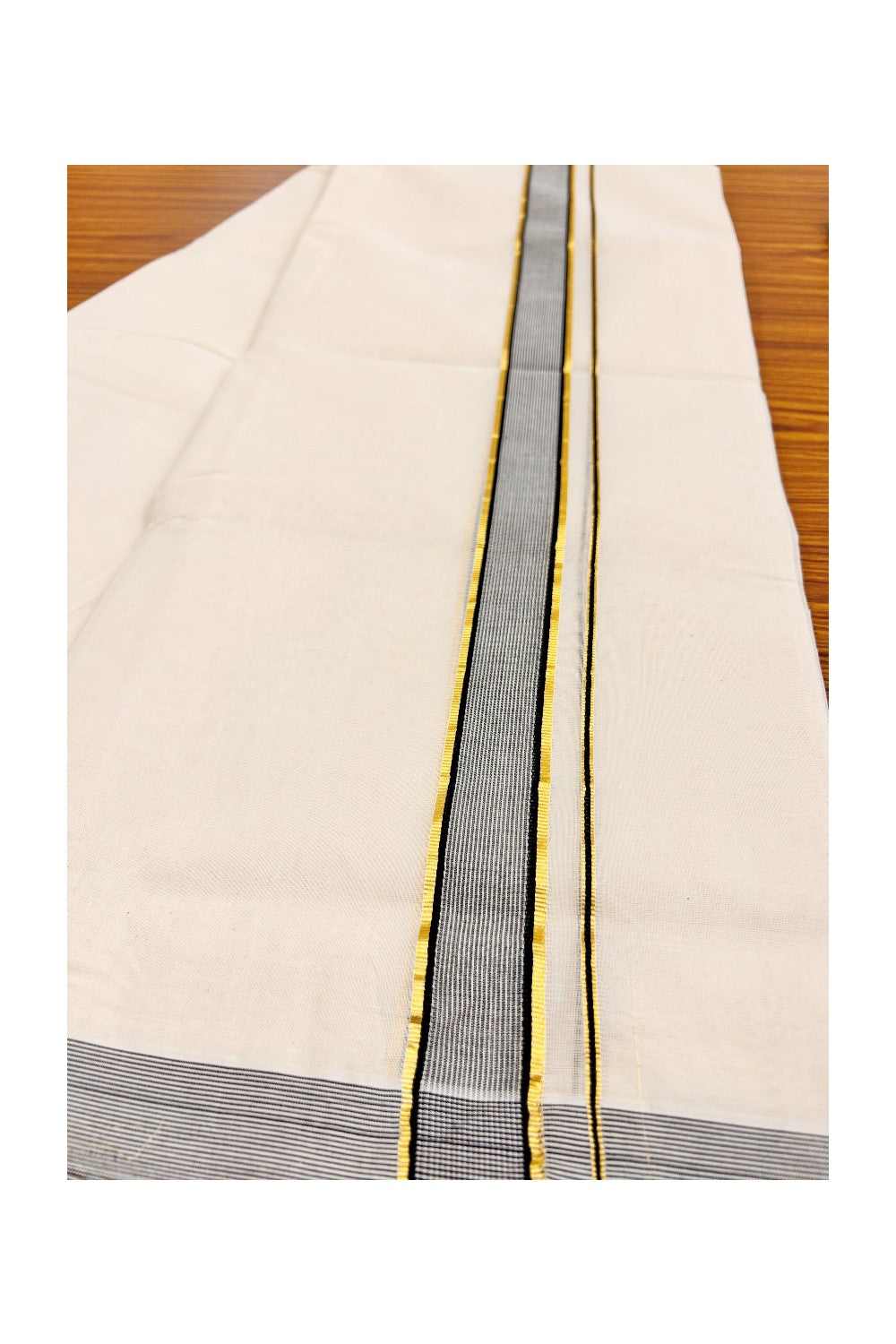 21% DISCOUNT! KaithariKada Balaramapuram 100% Cotton Double Off white - (Unbleached) - Mundu/Dhoti-100x100 - 2 inch Kasavu & Black Stripped Kara - 88