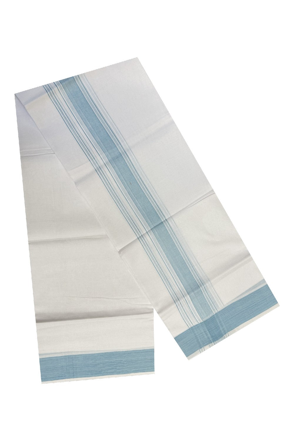 KaithariKada 100 Cotton PURE White Double Dhoti/Mundu Light Sky Blue