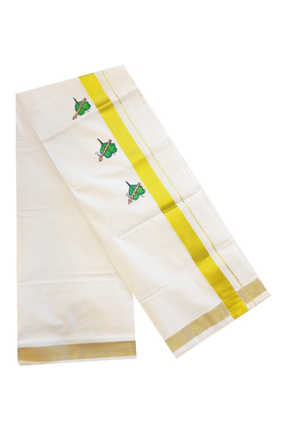 15% Discount!!! KaithariKada 100% Cotton Off white (Unbleached) Double Dhoti/Mundu - 2 inch Kasavu Leaf Mural