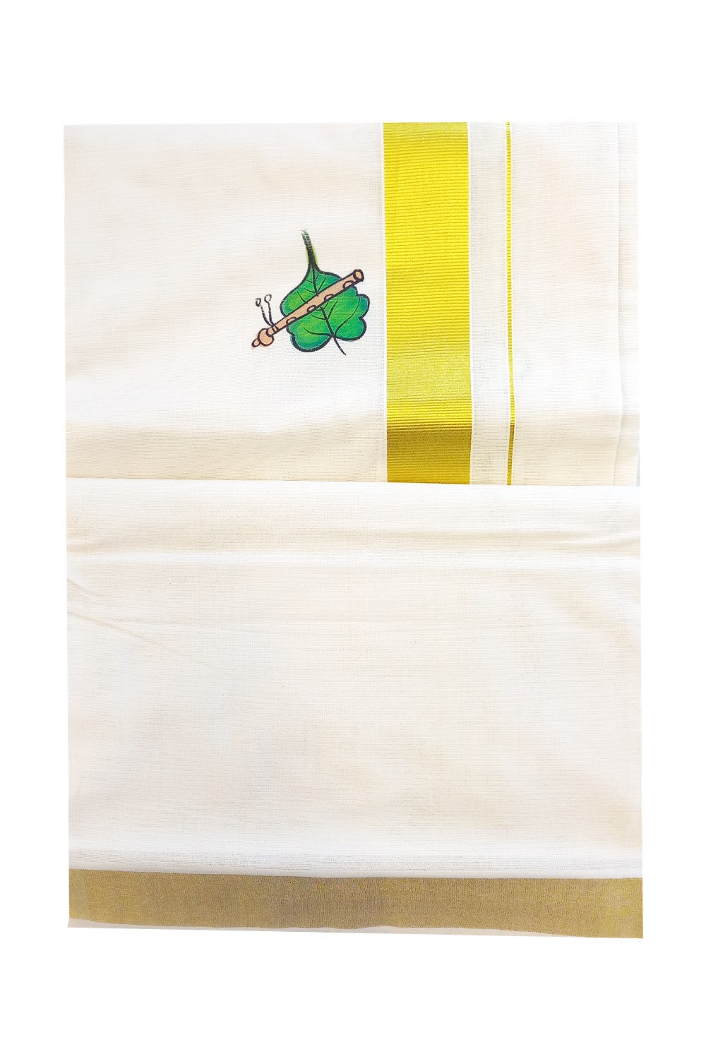 15% Discount!!! KaithariKada 100% Cotton Off white (Unbleached) Double Dhoti/Mundu - 2 inch Kasavu Leaf Mural