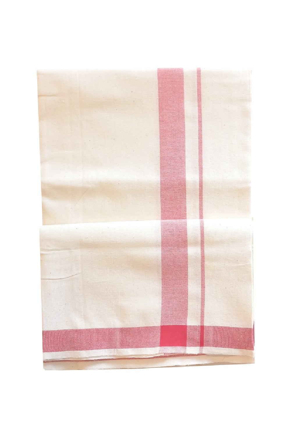 25% Discount!! KaithariKada 100% Cotton Balaramapuram HANDLOOM off white (Unbleached) Single Mundu/Dhoti - 2 inch Red Border (2 meter / 4 muzham) - KK2DOT550