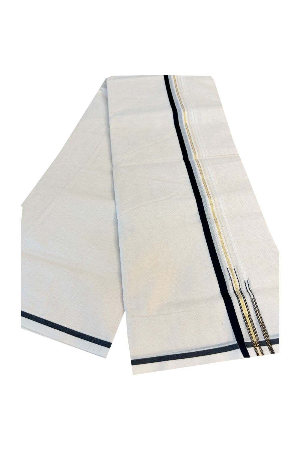 20% Discount!!! KaithariKada Balaramapuram 100% Cotton off white (Unbleached) Double Mundu/Dhoti-100x100 1.cm Double Chutty Black & Kasavu-23
