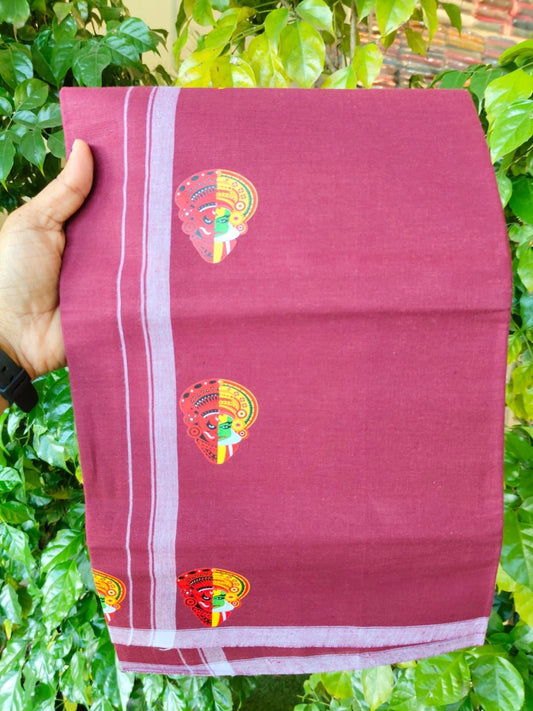 9% Discount !! Kaitharikada Pure Cotton - Single Kaily / Lungi - (40s) - 0.5 inch Theyyam Kadhakali Printed Design kara with Dark Maroon   colour body (2 meter / 4 muzham) - 23 KK8028 GAN