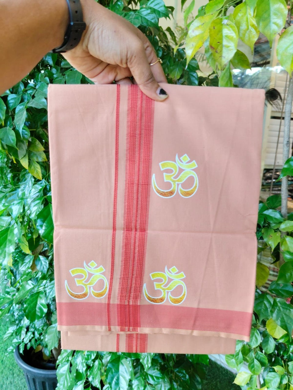 34% Discount ! Kaitharikada Pure Cotton - Single Kaily / Lungi -(40s)- 1 inch Brick Red Striped Ohm Printed Design kara with Light Kavi colour body  (2 meter / 4 muzham) - 45 KK8028 GAN