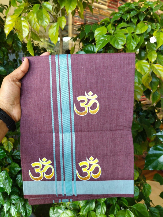21% Discount ! Kaitharikada Pure Cotton - Single Kaily / Lungi -(40s)- 1.25 inch Teal Green Striped Ohm Printed Design kara with Velvet Maroon Shaded colour body  (2 meter / 4 muzham) - 49 KK8028 GAN