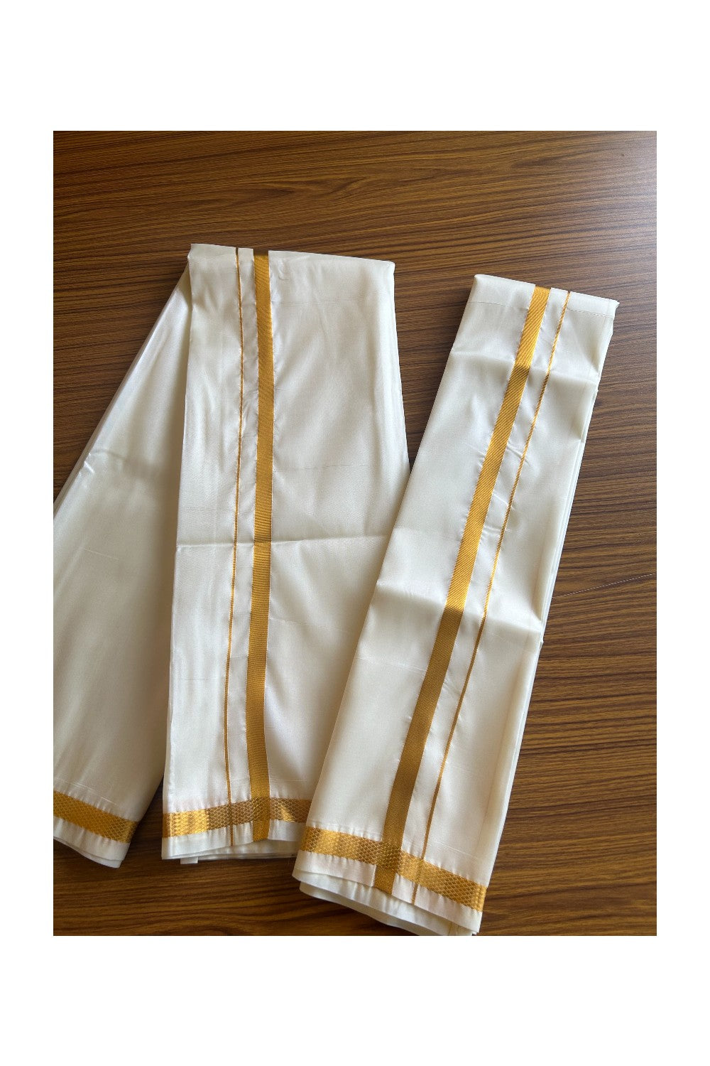 KaithariKada Balaramapuram 100% Art Silk OFF WHITE Double Mundu/Dhoti & Neriyath - 1.25inch Gold Kasavu kara - 1KK5015KAN