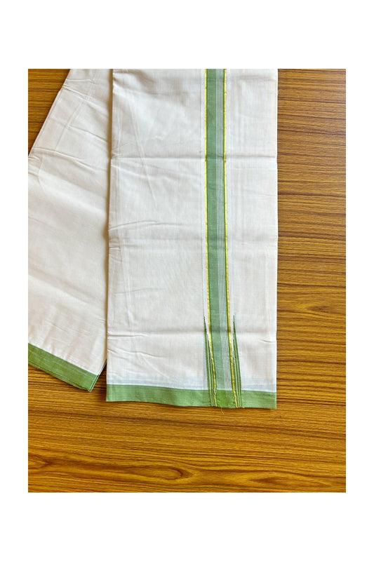 24% DISCOUNT ! KaithariKada 100% Cotton OFF WHITE (Unbleached) Double Dhoti/Mundu- 2inch Puliyilakkara GREEN & Kasavu Wings Chutty - 11KK414ASH