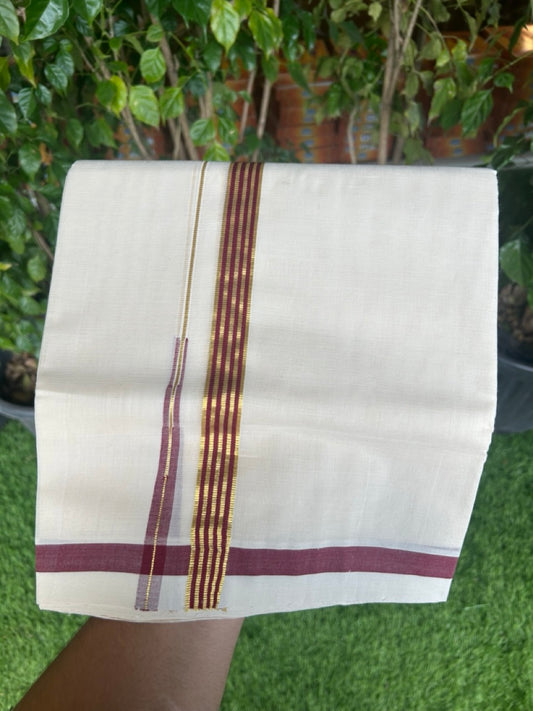30% DISCOUNT!! KaithariKada HANDLOOM Millpaav Balaramapuram - 100% PURE Cotton OFF White Double- (Unbleached) Mundu/Dothi - 0.75 inch Puliyilakkara side stripes MAROON & Gold kasav chutty Kara - 1KK5156YAR