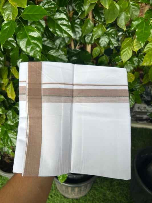24 % Discount !! KaithariKada Balaramapuram 100% Cotton Pure white Single Mundu/Dhoti - Twisted 60s Thread- 1.25 inch Light Brown & Green Shaded Kara (2 meter / 4 muzham) - 1KK5241 GL
