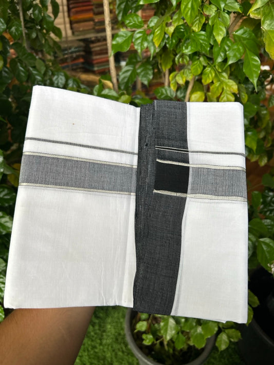 25% Discount!! NEW ULTRA PURE WHITE HANDLOOM Balaramapuram - 100% MERCERISED Cotton Double Mundu/Dhoti - 120 twisted warp x 80s weft - Black & Silver Kasav Kara- 1KK5248 REA