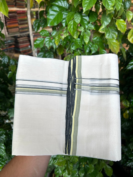 25% DISCOUNT!! KaithariKada HANDLOOM  UNAKKUPAAV Balaramapuram - 100% PURE Cotton OFF White - (Unbleached) Double Mundu/Dothi - 120 x 100 - 0.75 inch Black & Light Green Silver Kasav Striped Kara 4 meter - 1 KK5249 REA