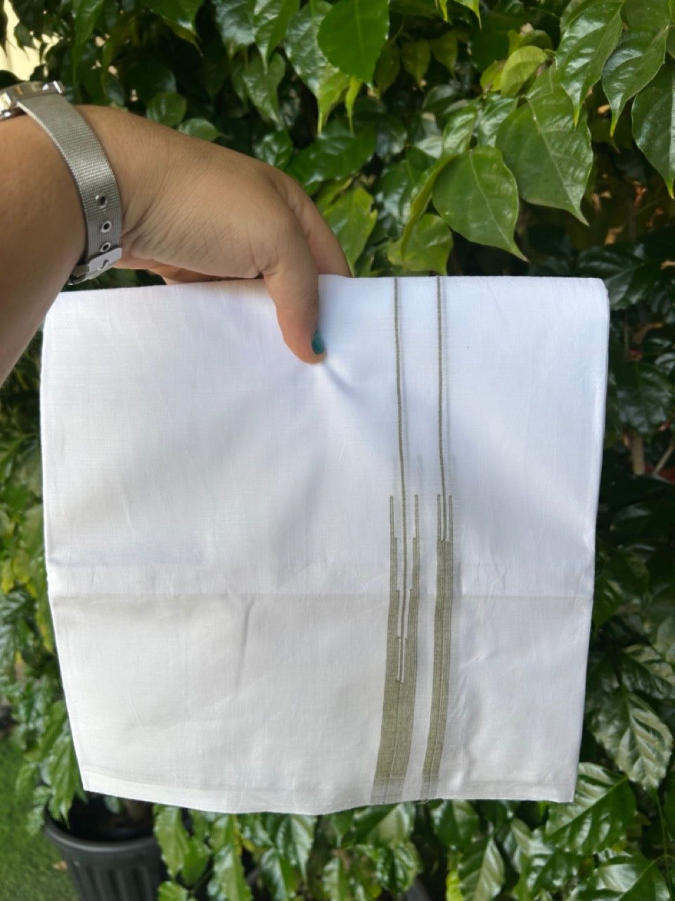 20% DISCOUNT!! NEW!! KaithariKada Balaramapuram 100% Cotton PURE WHITE Double Mundu/Dhoti - (100x80)s - 0.75 inch Sage Green Line chutty - 1 KK5249 VIN