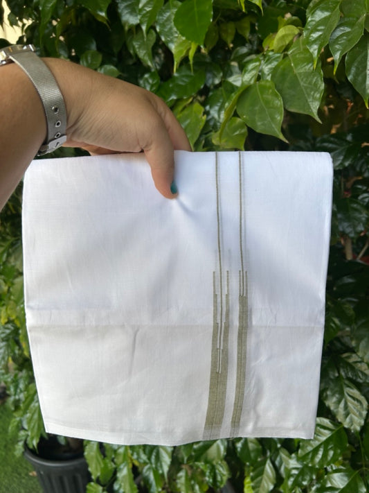 20% DISCOUNT!! NEW!! KaithariKada Balaramapuram 100% Cotton PURE WHITE Double Mundu/Dhoti - (100x80)s - 0.75 inch Sage Green Line chutty - 1 KK5249 VIN