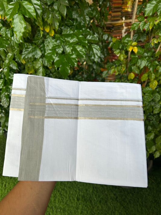 Short Dhoti Special - 28% Discount ! KaithariKada 100% Cotton Pure White Double Mundu / Dhoti - 100x80 - 45 inch Height 3.80 m Length  1.5 inch Ash Green Silver Kasav kara - 1 KK 5258 THI