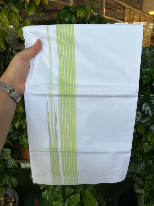 24% Discount! KaithariKada Balaramapuram 100% Cotton Pure white Double Mundu/Dhoti - (100x80)s - 1.5 inch Puliyilakkara fluorescent Green Stripes Chutty - 101 KK5258 THI