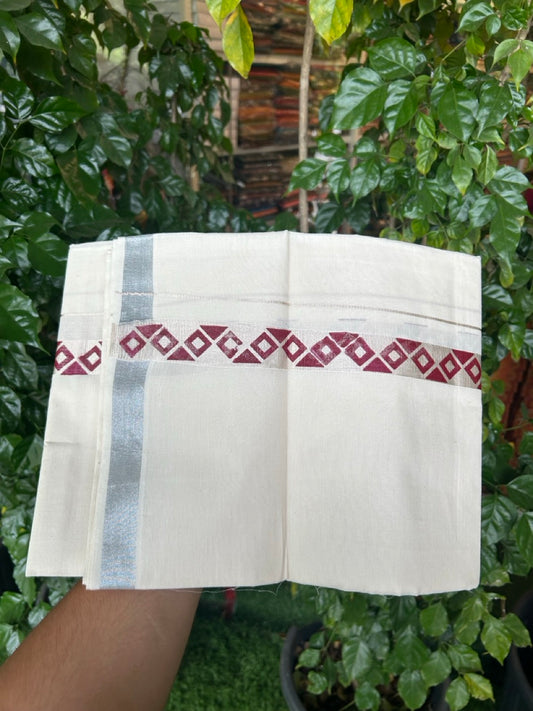 KaithariKada 100% Cotton Double 4 meter Off white - (Ubleached) Mundu / Dhoti - 100x80 1 inch Silver Kasavu & Printed Tribal - 1 KK5262 MUT