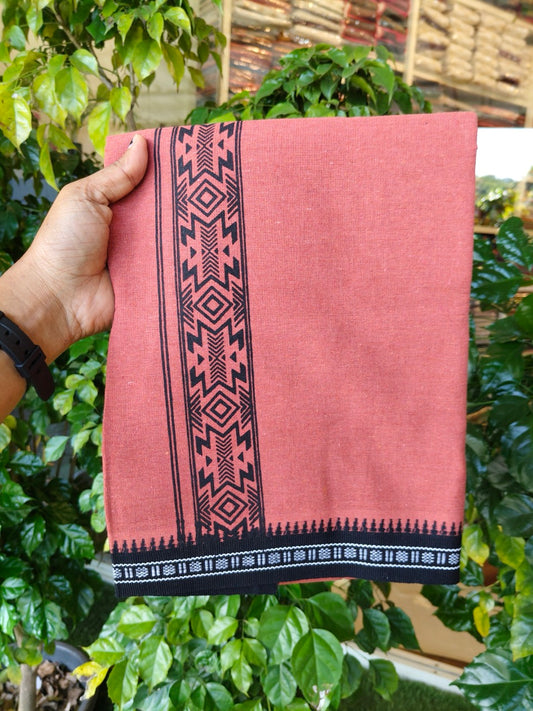 8% Discount!!! Kaitharikada Mixed Cotton Single KAVI - Kaily / Lungi - 3.25 inch BLACK Tribal Printed kara Kuppadam Border (2 meter / 4 muzham) - 1KK8027 AS