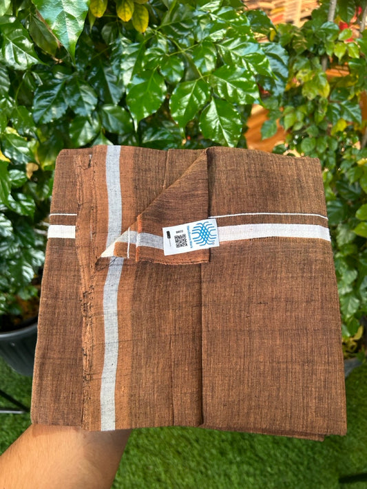 Handloom Single Hallmarked - 10% Discount !! KaithariKada 100% Pure Cotton - Mundu/Dhoti Brown Body White 0.5 inch Kara- (2 meter / 4 muzham)- 1 KK8030 ELA