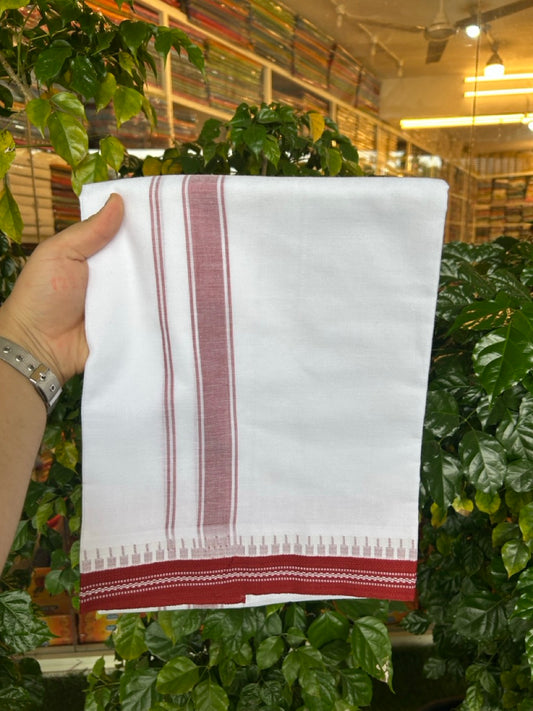 Premium Kathar Type Mercerised Pure Cotton Single Mund Kaitharikada Special - Kaily / Lungi -  1.25 inch Maroon Striped kara White Body Kuppadam Border (2 meter / 4 muzham) - 1 KK8031 MUT