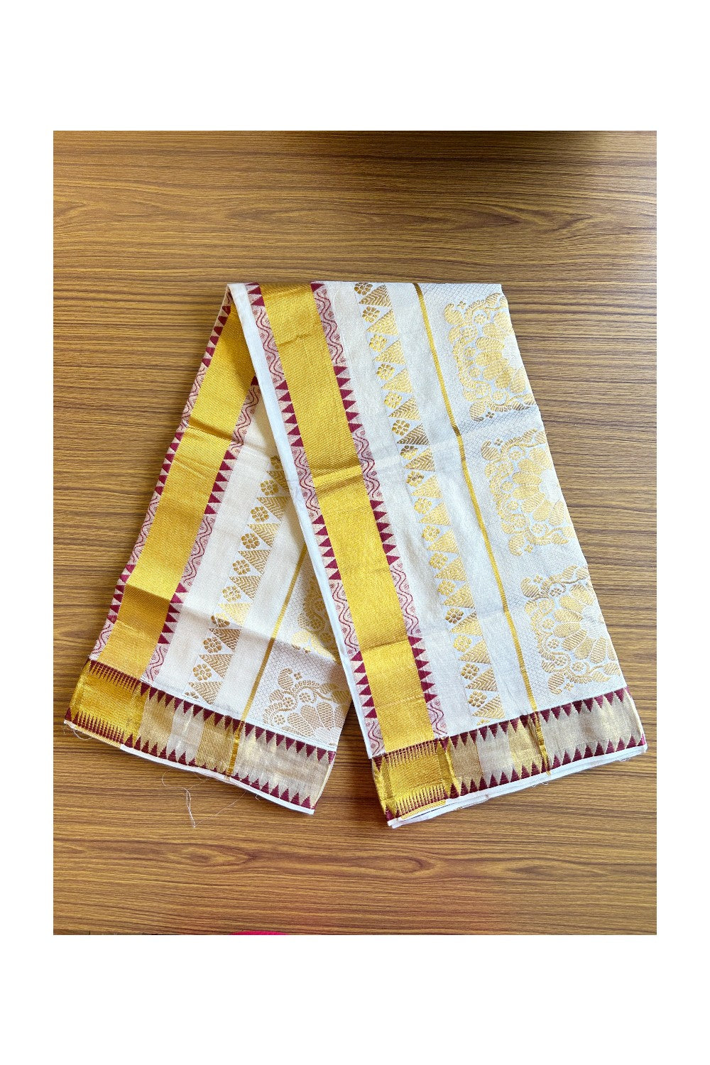 28% Discount!!! Kaitharikada Kerala Saree - Cotton Kasavu 24 Inch Pallu Maroon Temple Heavy Work Saree With Flower Design -1KK1001NEW