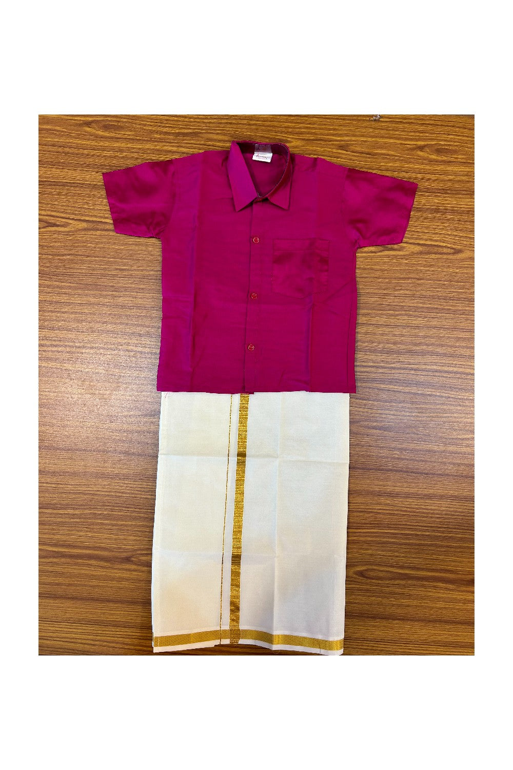 10% DISCOUNT !!! Yuvraj-Traditional South Indian Kids Silk Shirt & Mund - Magenta Shirt Off white Kasavu Mund Age 4- 1KK105YUV4