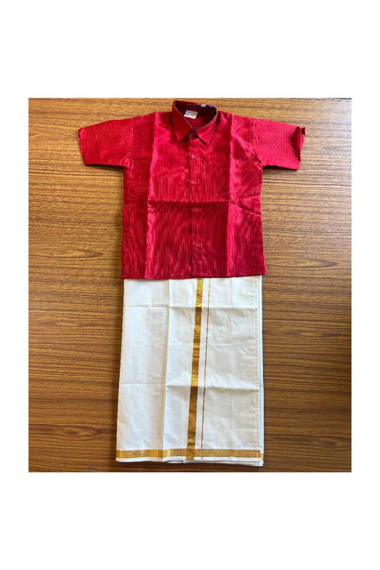 10% DISCOUNT !!! Yuvraj-Traditional South Indian Kids Shirt & Mund- RED Shirt Off white Kasavu Mund Age 6- 1KK111YUV6