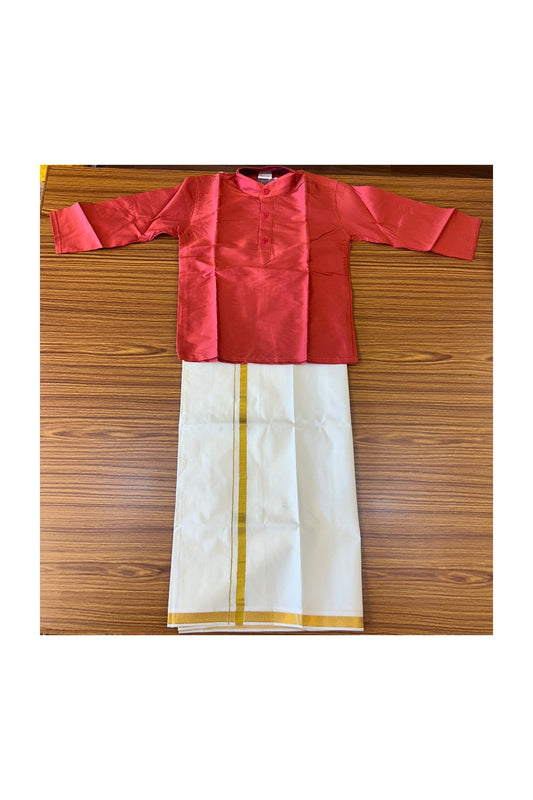 10% DISCOUNT !!! Yuvaraj -Traditional South Indian Kids Silk kurta & Mund - Brick red kurta Off white Kasavu Mund Age 6- 1KK112YUV6