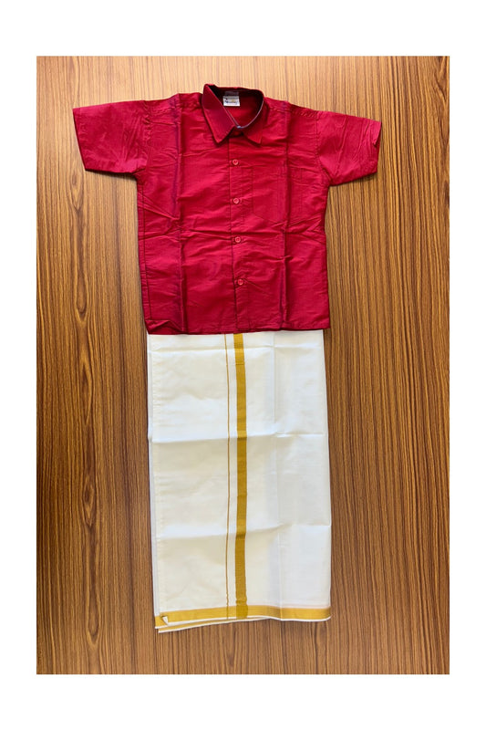 10% DISCOUNT !!! Yuvraj-Traditional South Indian Kids Silk Shirt & Mund - RED Shirt Off white Kasavu Mund Age 6- 1KK113YUV6