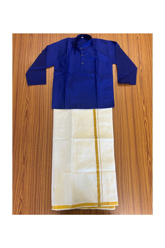 10% DISCOUNT !!! Kaitharikada -Traditional South Indian Kids Silk kurta & Mund - Dark blue kurta Off white Kasavu Mund Age 7- 1KK116YUV7