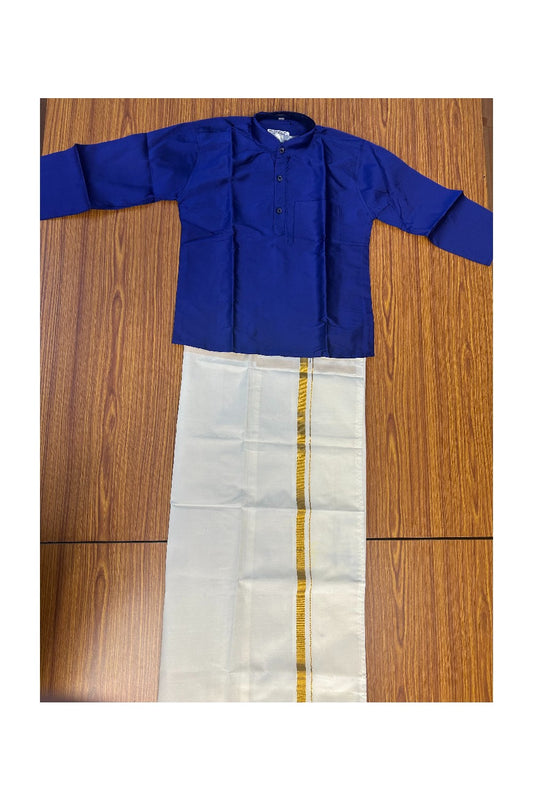 10% DISCOUNT !!! Kaitharikada -Traditional South Indian Kids Silk kurta & Mund - Dark blue kurta Off white Kasavu Mund Age 8- 1KK117YUV8