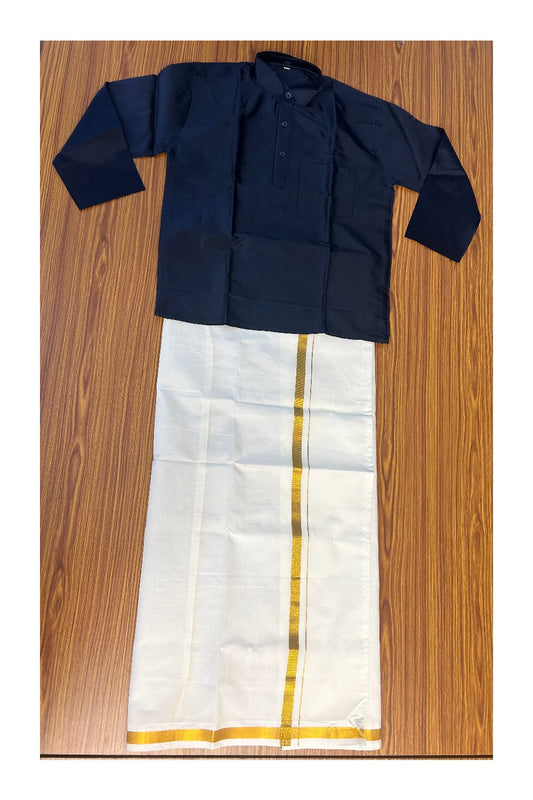 10% DISCOUNT !!! Kaitharikada -Traditional South Indian Kids Silk kurta & Mund - Dark Blue kurta Off white Kasavu Mund Age 10- 1KK119YUV10