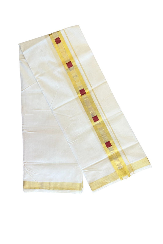 25% Discount!!! KaithariKada HANDLOOM UNAKKUPAAV Balaramapuram - 100% PURE Cotton off white (Unbleached) Double Mundu/Dhoti - 2.5 inch Kasavu with centre tissue &  Red sqaure designed kara - 1KK415SOM