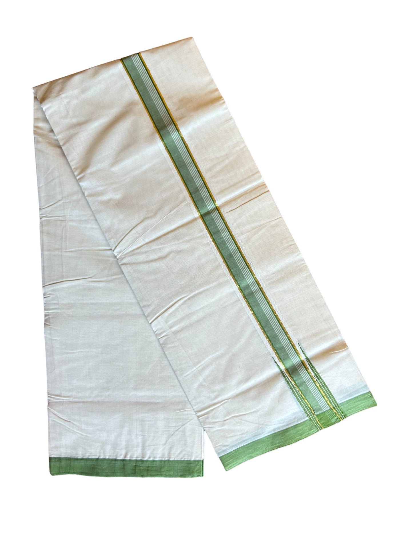 24% DISCOUNT ! KaithariKada 100% Cotton OFF WHITE (Unbleached) Double Dhoti/Mundu- 2inch Puliyilakkara GREEN & Kasavu Wings Chutty - 11KK414ASH