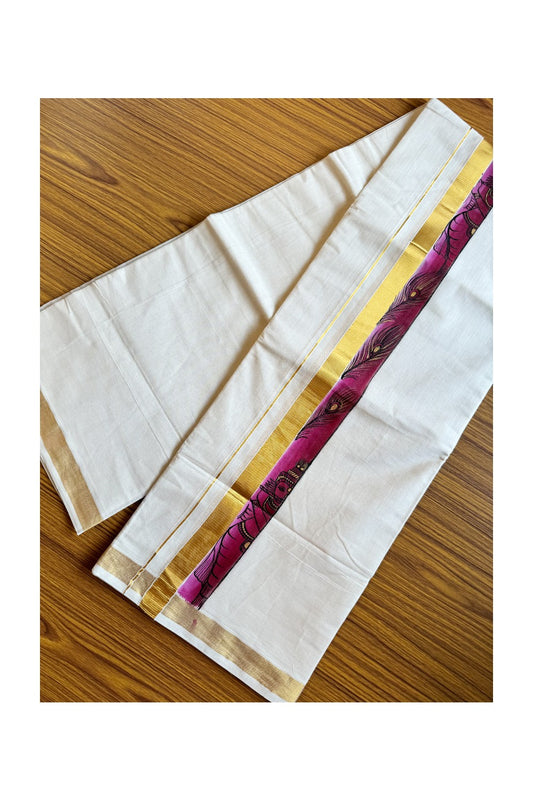 30% Discount! KaithariKada Balaramapuram 100% Cotton off white Double - (Unbleached) Mundu/Dhoti-80x72- Gold Kasavu HAND PAINTED Maroon Purple Feather  and Krishna 3inch Kara - 1KK424CEE