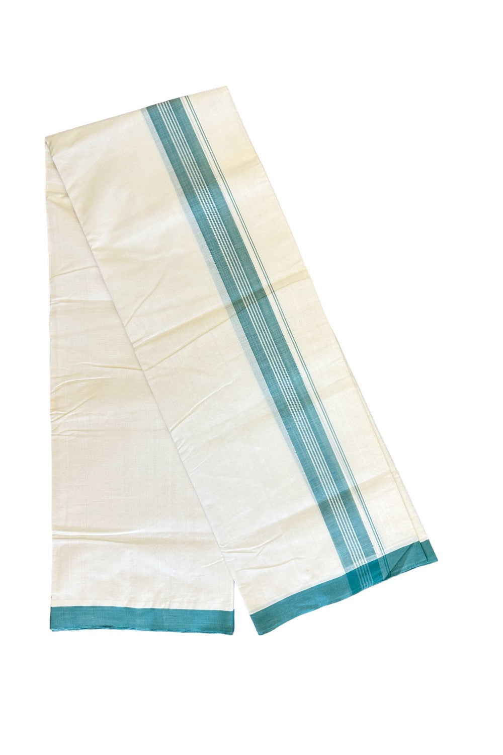 30% DISCOUNT!! KaithariKada HANDLOOM Millpaav Balaramapuram - 100% PURE Cotton OFF White (Unbleached) Double Mundu/Dothi - 2 inch GREEN & white striped kara 3.70 meters (8 Muzham) - 1KK453RAM