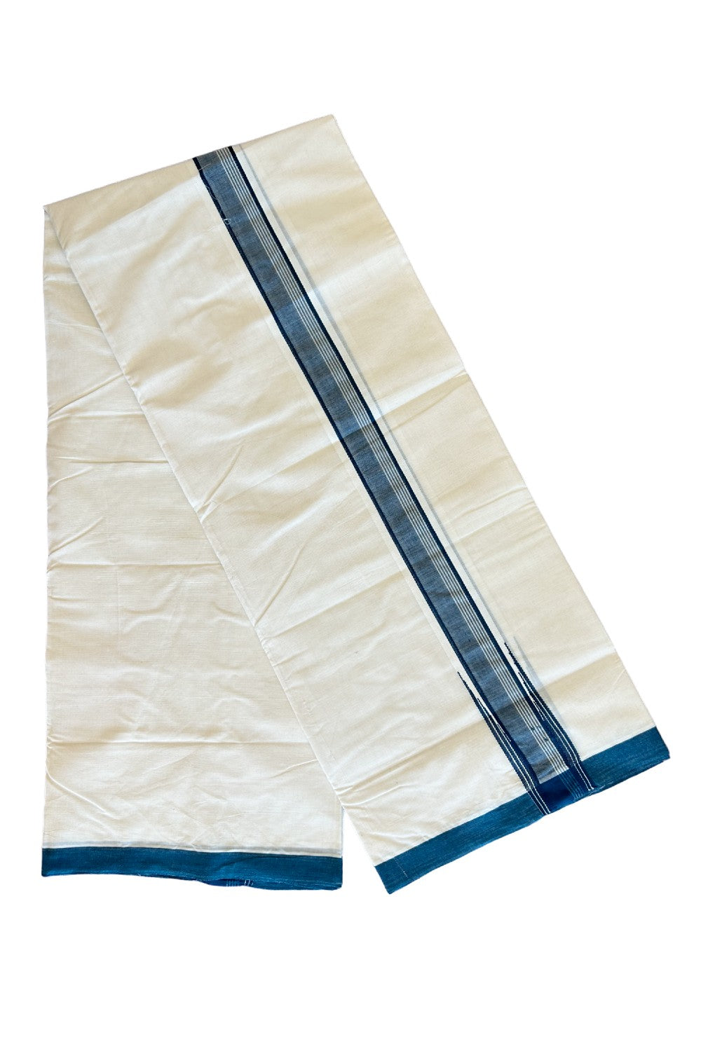 20% DISCOUNT ! KaithariKada 100% Cotton OFF WHITE (Unbleached) Double Dhoti/Mundu- Puliyilakkara Peacock Green Wings Chutty- Above 4 meter  Big Size Dhothi  - 5KK455ASH