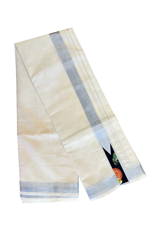 KaithariKada Balaramapuram  Off white (Unbleached) Double Mundu/Dhoti- 80x72- 2 inch Hand Painted Silver Kasavu Kadhakali & Peacock feather Design 3.96m- 1KK457VIN