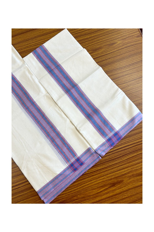 15% Discount!! KaithariKada - Kerala Cotton Single Set Mundu - EXTRA LENGTH -  Violet & Blue Stripes Mulloth Kara- 1KK472CKA