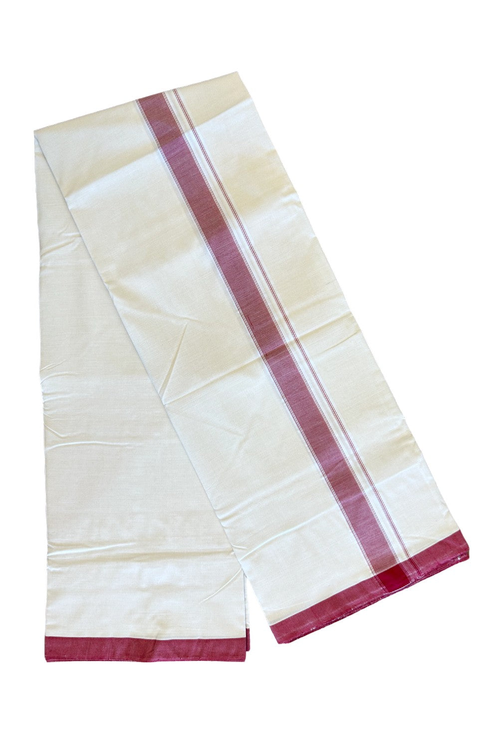 120X120 PREMIUM Kaitharikada Exclusive - 25% DISCOUNT! BALARAMAPURAM HANDLOOM Unakkupaavu - 100% PURE Cotton Double Mundu/Dhoti OFF WHITE (Unbleached)- 1.75inch Red Striped Kara - 1KK477KAL