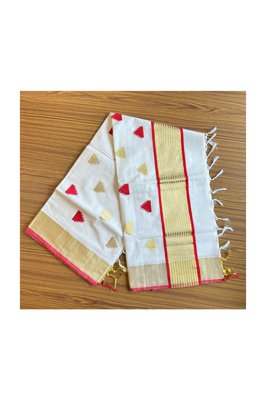 KaithariKada HANDLOOM UNAKKUPAAV Balaramapuram Kerala Saree for Women- 100% PURE  Cotton with Kasavu & Red Temple design  WITH KUNJALAM - 1KK483KK