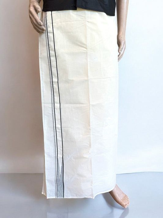 26% OFFER ! KaithariKada Balaramapuram 100% Cotton Double OFF WHITE - (Unbleached) Mundu/Dhoti-100x100 -1.75 inch Puliyilakkara Heavy Chutty Black Stripes - 1KK490ASH