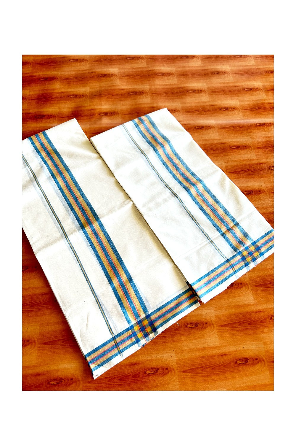 29% Discount!! KaithariKada - Kerala Cotton SINGLE SET MUND FOR WOMEN - Blue, Yellow & Red Mulloth Kara- 1KK494VIN